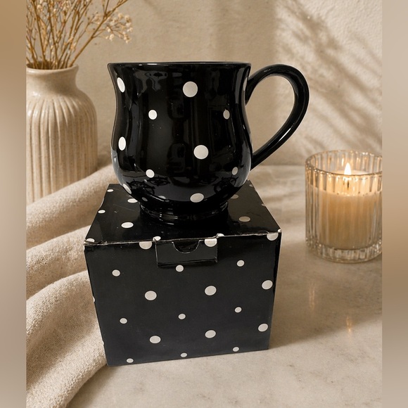 Temptations Other - Temptations Black Ceramic Mug with White Polka Dots